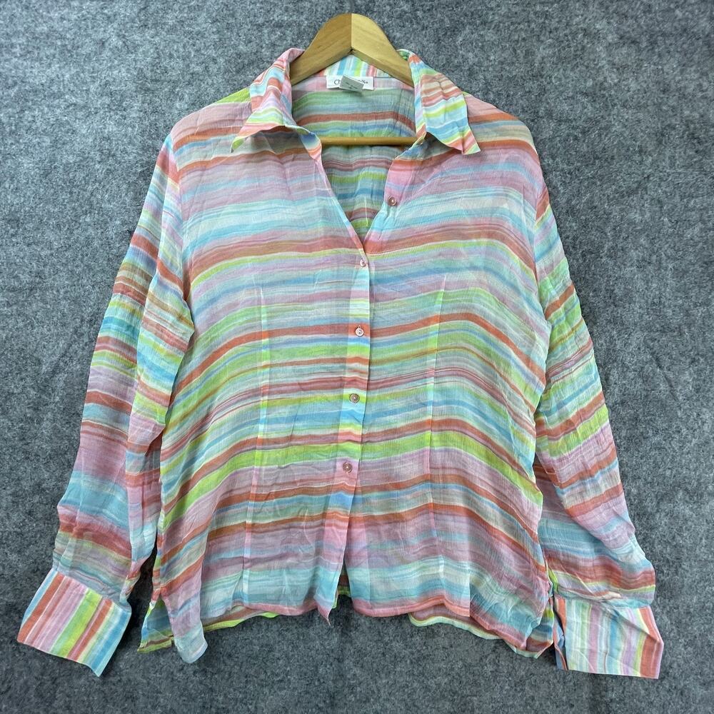 Vintage Chadwicks Silk Blouse Top Womens 12 Rainbow Sheer Beachy Y2K Artsy Indie